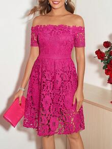 Ellevyn 女士新款优雅露肩收腰A字连衣裙，修身剪裁，适合情人节、约会、下午茶等场合 - 玫紅色 - 查看 5