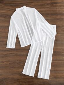 Swim Lushoire Summer Beach 2pcs/Set Solid Color Long Sleeve Top, Long Pants Cover Up Set - White - View 7