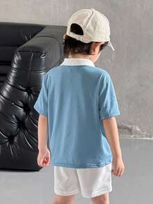 SHEIN 2 Pieces Set Of Young Boys Boys' Casual Sportswear Includes A Cute Little Dinosaur-Patterned 2 In 1 Polo Shirt And Shorts Set, Suitable For Kids' Outfits, Young Boy Clothes, Back To School Boys Set, Suitable For Birthday Parties, Evening Events, Performances, Weddings, Baptisms, And School Commencements. It Is Suitable For Daily Wear, School, Travel, Sports, And Spring And Summer Seasons. - Dusty Blue - View 2