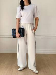 Veilorie 女士休闲黑色条纹裤 - 白色 - 查看 5