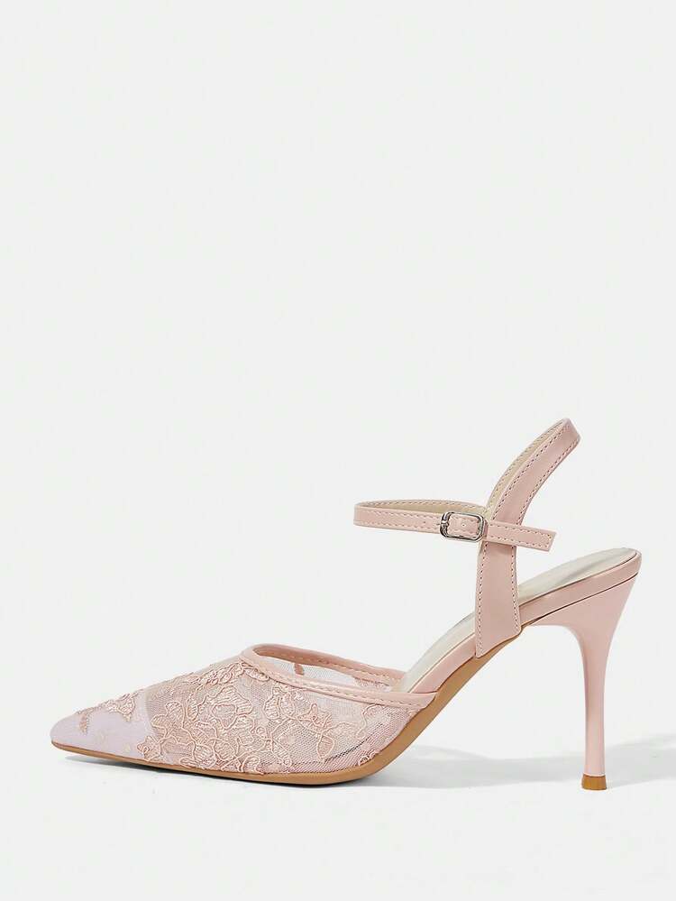 CUCCOO HITCHD Women Shoes Pointed Thin Heel Pink Mesh Lace Simple Ankle Strap Women's Slingback Shoes Wedding Party Banquet Simple Fashion Sexy Women's High Heel Shoes Women's Shoes Wedding Shoes Spring Shoes Bride Shoes