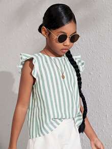 Tween Girls' Striped Cap Sleeve Casual Vacation Shirt, Spring/Summer - Green - View 3