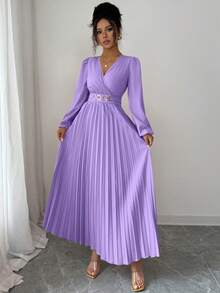 Elenzga Vestido plisado elegante, adecuado para volver al colegio, cumpleaños, boda - Púrpura malva - Ver 5