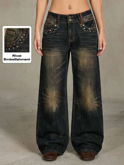 EDITION Vintage verwaschen Nieten Design Damen locker sitzende Schlagjeans mit niedriger Taille