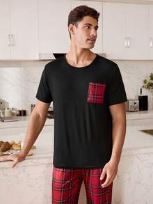 SHEIN 格子印花休闲口袋短袖裤男士睡衣套装 - 彩色 - 查看 5