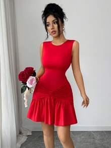 Elenzga New Sleeveless Knit Fitted Elegant Valentine's Day Cute Women Mini Dress - Red - View 6