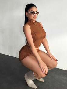 SHEIN SXY 女士休闲运动拉链紧身短裤套装 - 棕色 - 查看 4
