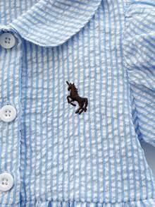 SHEIN Playful Pals 女婴休闲时尚学院风条纹泡泡袖衬衫裙，适合春夏外出和日常穿着，学校风格 - 藍色 - 查看 7