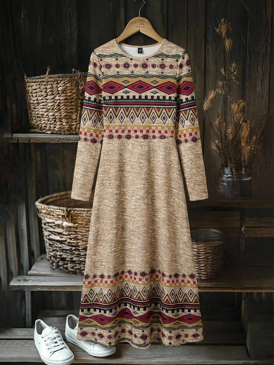 EMERY ROSE 大码女式休闲优雅长袖印花连衣裙，适合秋冬季节穿着，复古印花 - 卡其色 - 查看 1