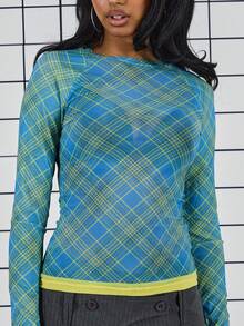 COUREZ 长袖格纹网纱上衣 / Y2K 冬季外出穿搭 性感外出穿搭 夜间外出穿搭 性感 - 淺藍色 - 查看 6