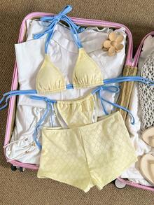 Swim Mod 3件套黄色布料蓝色侧系带露背设计女士泳衣套装