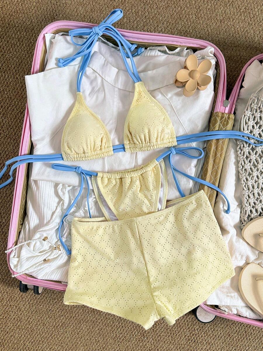 Swim Mod 3pcs Yellow Fabric Blue Side Tie Halter Design Women Swimsuit Set - Yellow - View 1