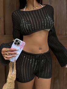 Sunnyshic Women's Summer Vacation Hollow-Out Knit Casual Versatile Sweater And Shorts 2 Pieces Set - Black - View 6