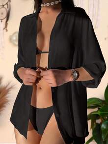 Swim Lushoire 實色寬鬆休閒和服外套 - 黑色 - 查看 5