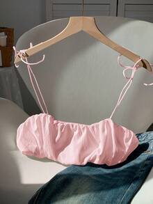 Comfortcana 女士简约纯色荷叶边超短粉色吊带背心上衣 - 粉色 - 查看 2