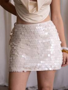 Andrea Bello 夏季女士纯色亮片短裙，适合派对、俱乐部性感、音乐会等场合，女士亮片迷你裙 - 白色 - 查看 7
