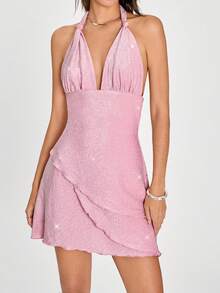 SHEIN EZwear Vestido halter espalda descubierta con hilos metálicos brillantes y efecto sexy - Rosa - Ver 4