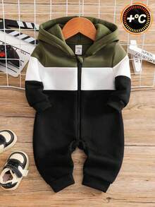 SHEIN Playful Pals 3-24M Infant/Baby Boy Colorblock "Little Man" Hooded Long Sleeve Jumpsuit, Casual Jumpsuit For Spring/Autumn/Winter Baby Boy Fall Newborn Zipper Suit Baby Boy Casual Zipper Jumpsuit Baby Boy Sweatsuit Baby Boy Track Suit Warm Jumpsuit For Baby Boy - Multicolor - View 5