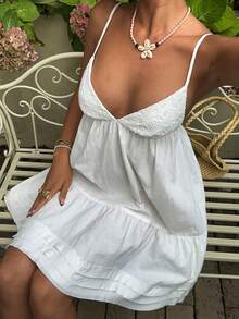 MainGRL 白色梭织露背吊带棉质连衣裙，休闲度假款 - 白色 - 查看 6