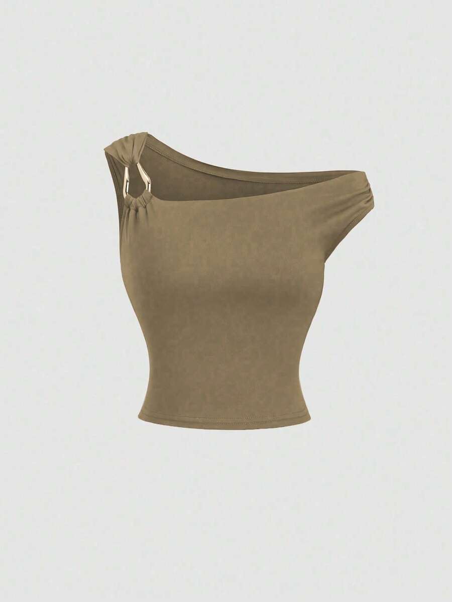 Sweetra Áo tank top dáng ôm, cổ lệch bất đối xứng, thích hợp mặc mùa xuân/hè. - Màu Khaki - Xem 1