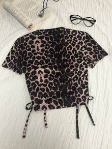 Elamini Áo thun nữ cổ tròn tay ngắn buộc dây phía trước in họa tiết da báo, áo thun in hình báo đốm, áo kiểu nữ. - Nhiều màu - Xem 2