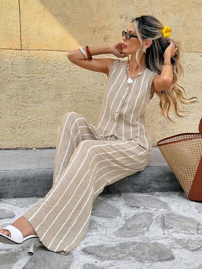 SHEIN Frenchy French Retro Casual Striped Sleeveless Top And Wide-Leg Pants Two-Piece Summer Women's Wear. Women's Casual Striped Button Front Tank Top And Pants 2 Pieces Set, Summer,Spring Outfit Women ,Valentine's Day,Carnival, Beach , Party ,Wedding ,Elegant,Vacation, Casual Sleeveless Vest Set Casual Summer Sets