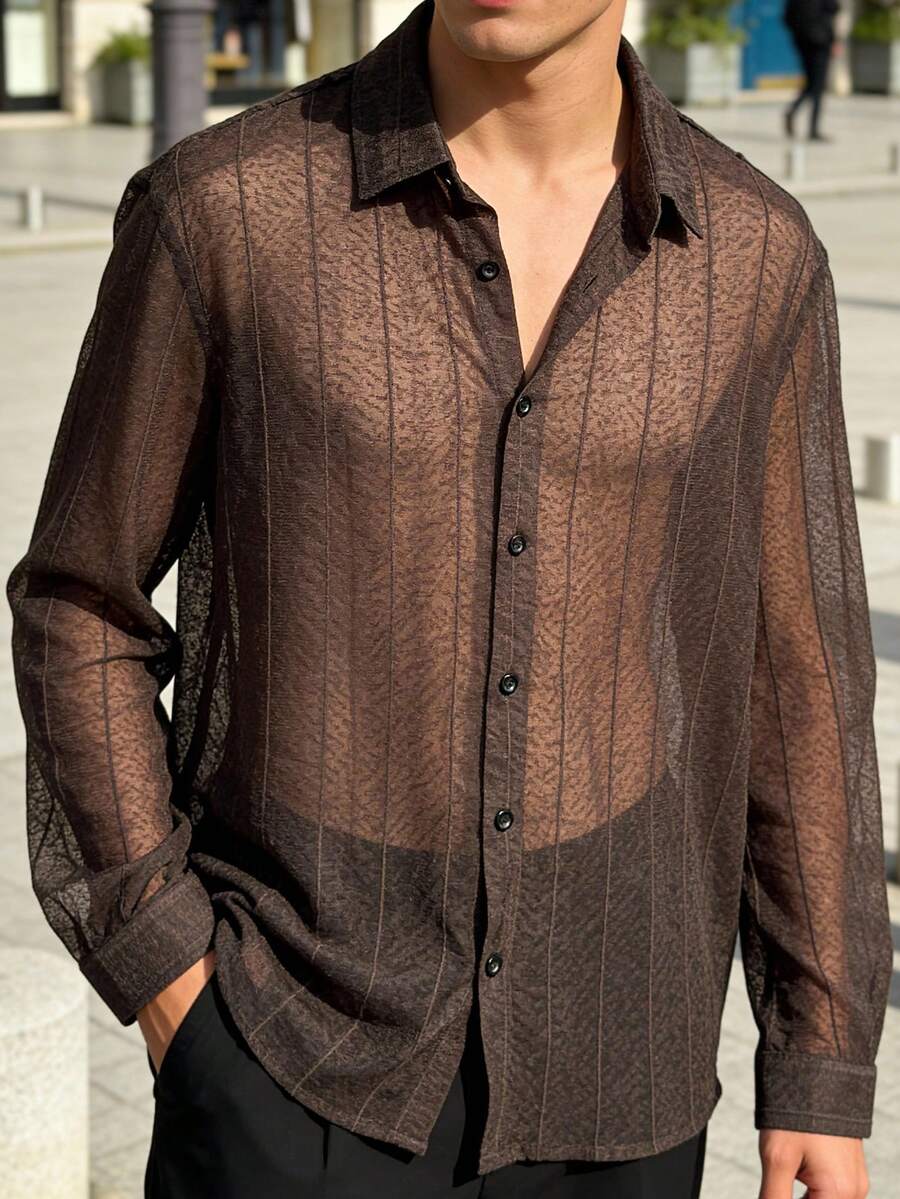 男士薄纱长袖单排扣衬衫，舒适柔软，休闲衬衫 - 咖啡棕 - 查看 1