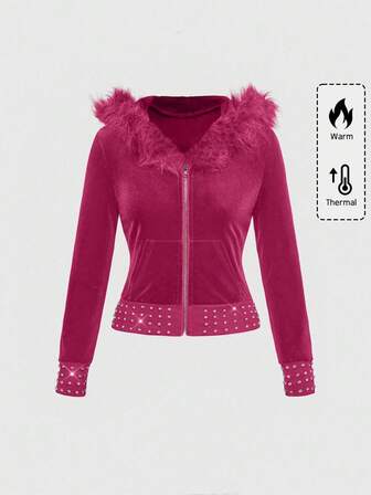 Grunge Punk Sweat-shirt-shirt zippé en velours style Y2K avec décoration de strass, ajusté pour femmes