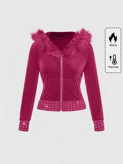 Grunge Punk Sweat-shirt-shirt zippé en velours style Y2K avec décoration de strass, ajusté pour femmes