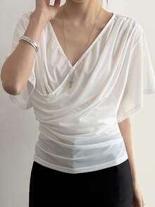 DAZY Women's Solid Color V-Neck Overlap Casual Versatile Commute Short Sleeve T-Shirt Summer - White - View 3