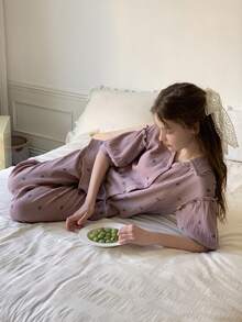 DAZY Teen Girls Minimalist Print Short Sleeve Top And Pants Pajama Set - Purple - View 2