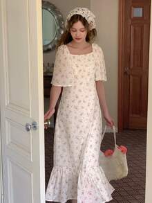 DAZY 少女方领碎花短袖休闲夏季连衣裙 - 杏色 - 查看 1