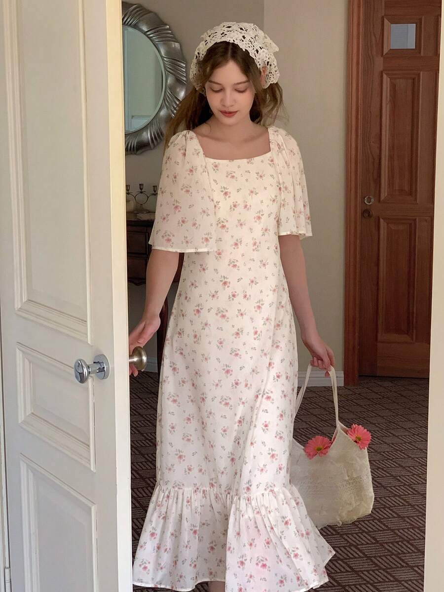 DAZY Đầm ngắn tay cổ vuông họa tiết hoa nhí cho bé gái tuổi teen, kiểu dáng thường ngày, thích hợp mặc mùa hè. - Màu be - Xem 1