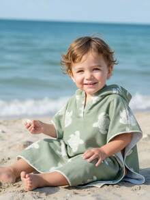幼儿男童浅绿色卡通海龟印花连帽泳衣罩衫，婴幼儿尺码，V领连帽斗篷，婴幼儿可穿戴浴巾，沙滩罩衫，沐浴游泳必备单品 - 綠色 - 查看 3