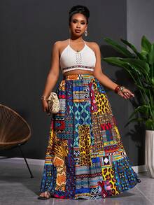 Veslaya 2026春夏大码女装音乐节、复活节、西部风情、游牧风、生日派对、毕业典礼、大学、学生、日常休闲、基础款、休闲、度假、邮轮旅行、海滩、日光浴、爆款、街头风、婚礼宾客、通勤、早午餐、机场、派对、假日郊游、优雅晚宴、舞会、休闲、高端优雅非洲印花A字裙 - 彩色 - 查看 8