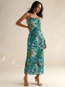 Anewsta Vestido maxi elegante de mujer con estampado colorido y cuentas, sin tirantes, de longitud media - Verde - Ver 4