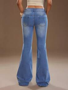 TRNVIE Quần jeans ống loe cạp cao, túi vá, dáng suông, thời trang thường ngày. - Rửa nhẹ - Xem 3
