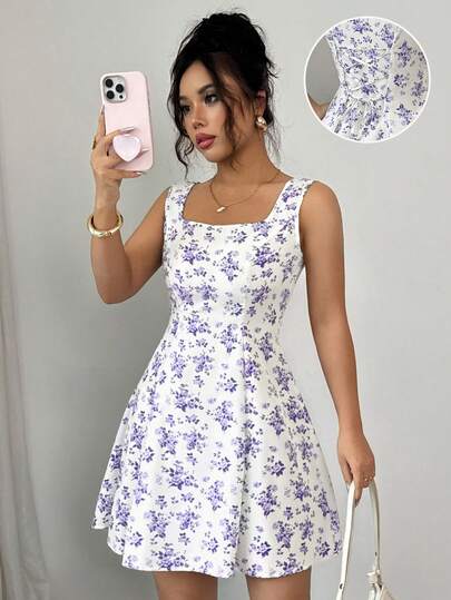 Rafferiza Women's Sleeveless A-Line Dress With Ditsy Floral, Square Neckline And Tie Waist