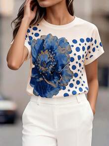 Balvessa Fashionable Casual Printed Knit Short Sleeve Summer Top, Versatile T-Shirt - Blue - View 6