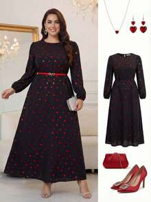 Gownix Plus Size Women's Valentine's Day Heart Print Lantern Sleeve Waist Cinched Dress,Black And Red Autumn Elegant Party New Year Eve Nye Outfits Flower - Multicolor - View 1