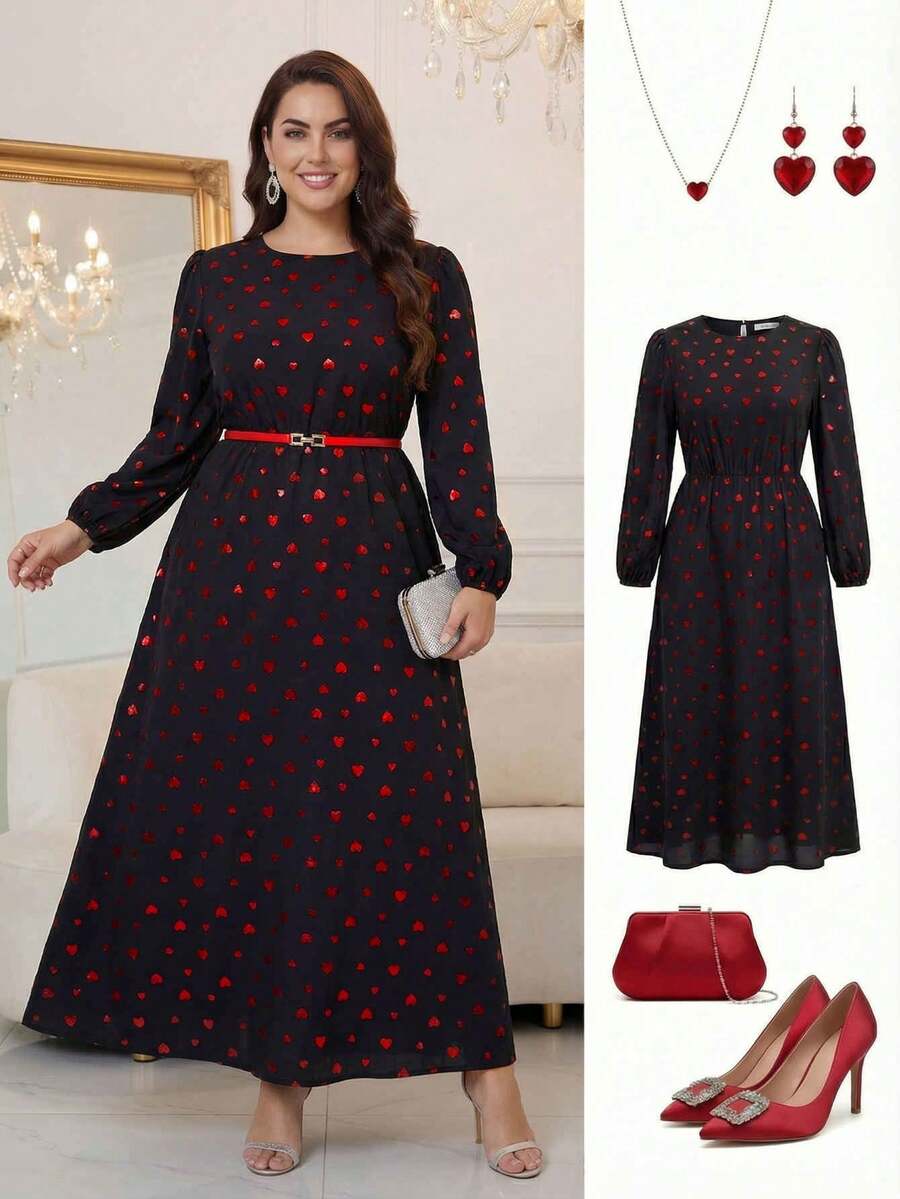 Gownix Plus Size Women's Valentine's Day Heart Print Lantern Sleeve Waist Cinched Dress,Black And Red Autumn Elegant Party New Year Eve Nye Outfits Flower - Multicolor - View 1