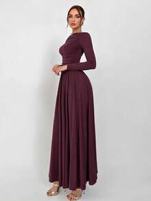 Aloruh Đầm dệt kim dài tay xếp ly màu trơn dành cho nữ - Màu Tím - Xem 4