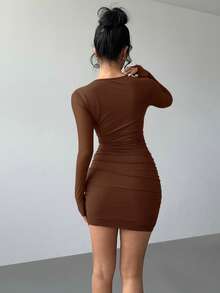 Aloruh Women's Solid Color Round Neck Long Sleeve Burgundy Mesh Mini Bodycon Dress, Autumn/Winter - Brown - View 2