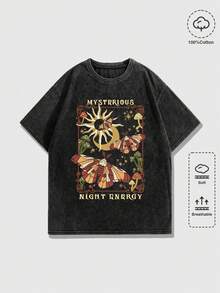 ROMWE Grunge Punk Áo thun cỡ lớn in hình ngôi sao, mặt trăng và bướm bí ẩn, đã qua xử lý giặt. - màu đen - Xem 1