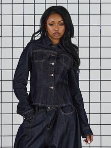 COUREZ Fitted Denim Jacket With Contrasting Seaming Detail /Y2K Spring Clothes For Women - Dark Wash - View 2