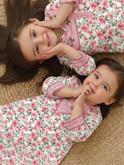 Bata árabe con estampado floral rosa, cuello floral elegante, vestido árabe tradicional de manga larga, casual y sencillo, adecuado para primavera y verano, vestido elegante y digno de manga larga, bata de oración, cómodo y casual, estilo de vacaciones, bata kaftan digna, bata árabe para niños, jalabiya para bebé niña, ropa árabe para bebé niña, ropa musulmana para bebé niña, conjunto de San Valentín para bebé niña