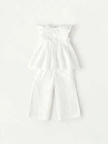 Maija Kids Maija Kids 2pcs/Set Young Girl Floral Trim Round Neck Cap Sleeve Top And Elastic Waist Pants - White - View 4
