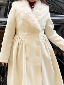 NegzBox 女士仿毛皮领双排扣大衣 - 杏色 - 查看 3