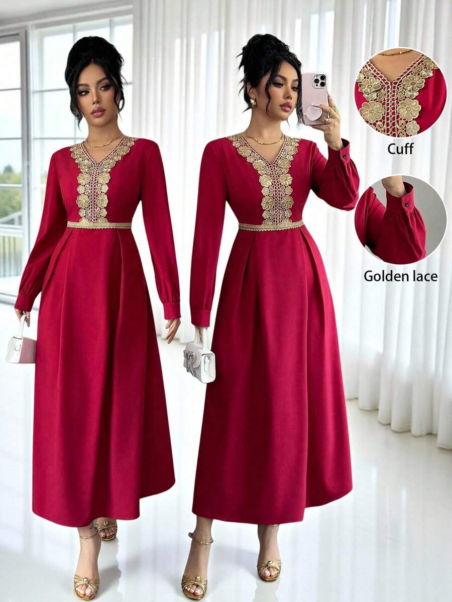 Váy Rafferiza thanh lịch cổ chữ V viền vàng eo thắt eo cho nữ, phù hợp mặc hàng ngày, mùa thu/đông - Màu Đỏ Sâu - Xem 1