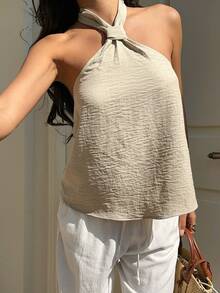 SHEIN EZwear Summer Khaki Woven Casual Halter Neck Blouse For Women - Apricot - View 5
